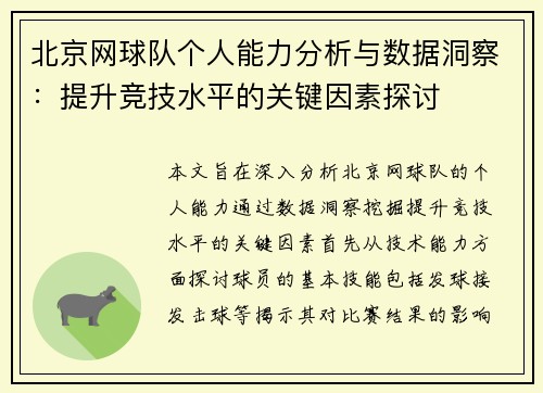 北京网球队个人能力分析与数据洞察：提升竞技水平的关键因素探讨